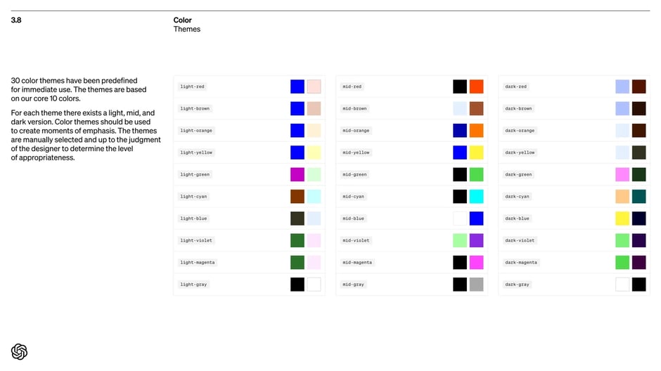Thirty color themes with light, mid, dark