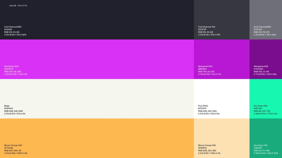 Primary color palette: magenta, neutrals, and accents
