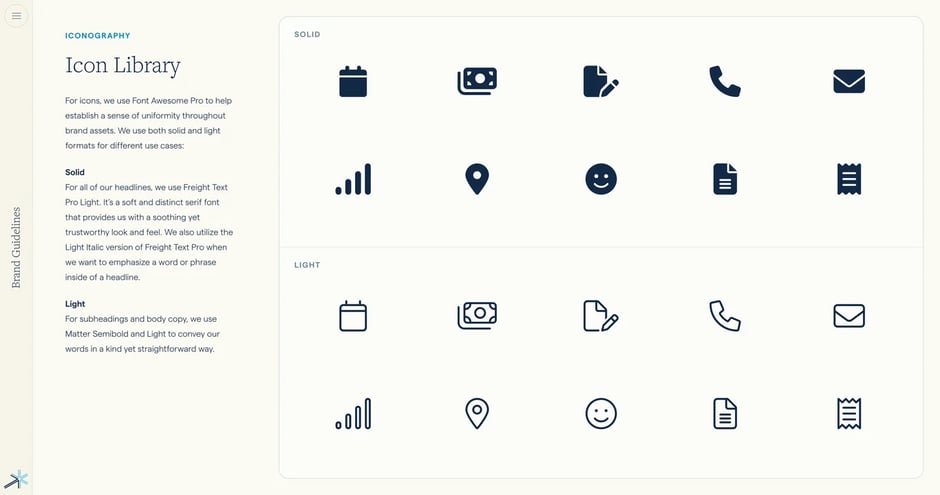 Complete icon library and specifications
