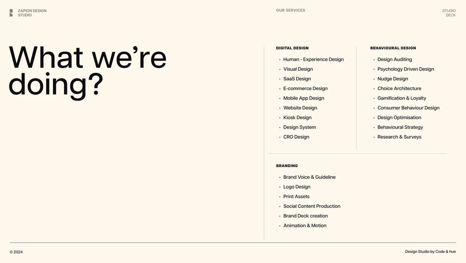 Three service categories: digital, behavioural, branding