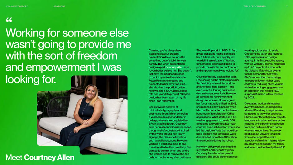 Profile of freelance designer Courtney Allen, who scaled a presentation-design
