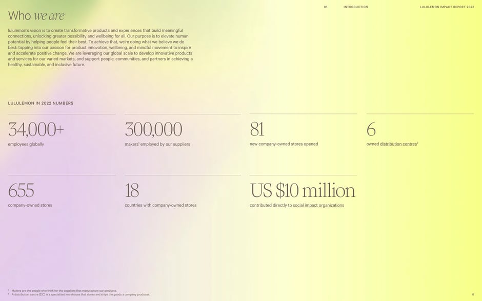 Snapshot of lululemon's 2022 scale: 34,000+ employees, ~300,000 supplier makers