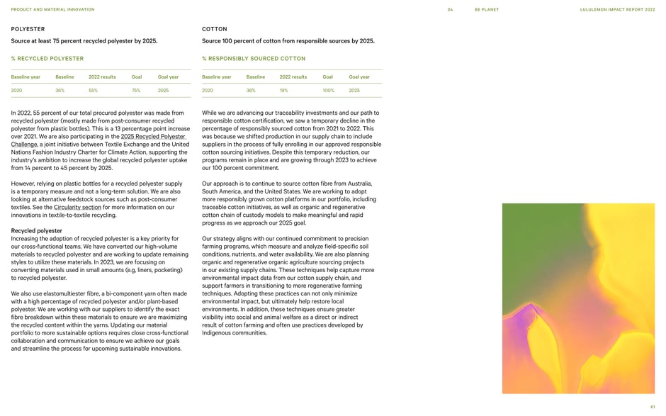 Recycled polyester 55% in 2022; 75% target by 2025