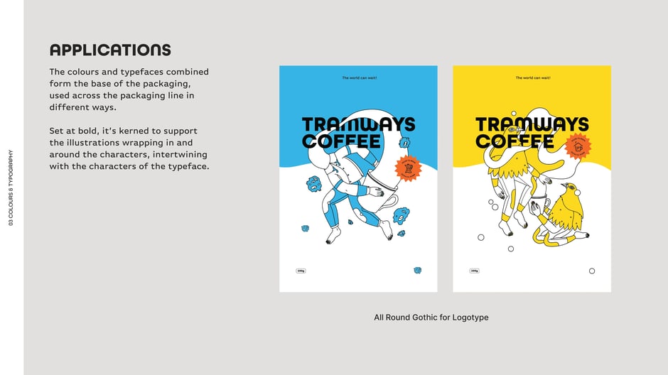 Packaging examples showing colours and type combined with illustrations, noting