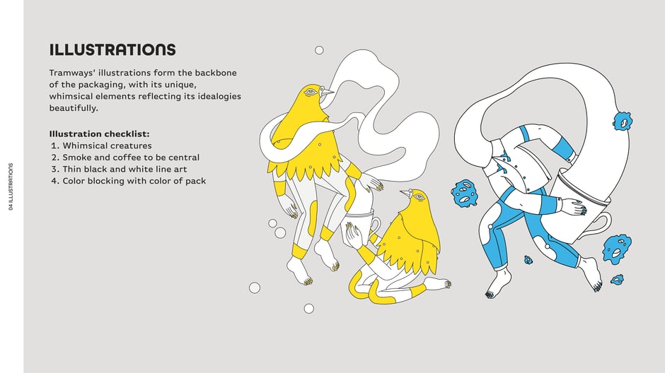Defines Tramways' illustration approach:whimsical creatures, smoke and coffee as central