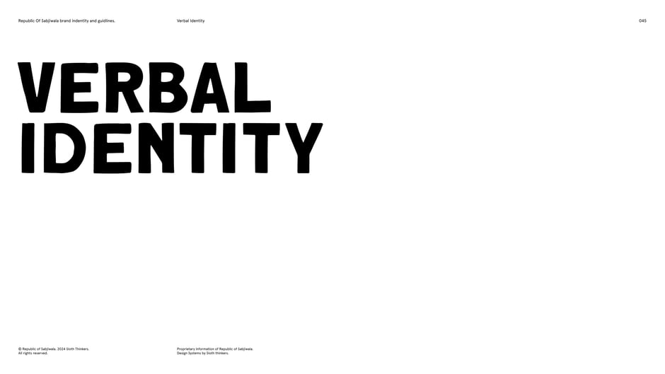 Introduces the brand's verbal identity, marking the start of guidelines