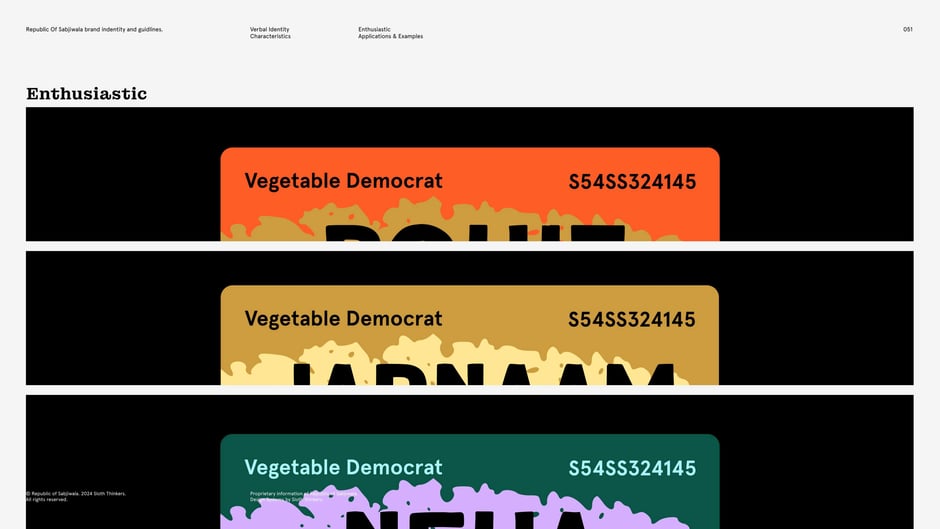 Three bold card designs demonstrate an enthusiastic voice using playful
