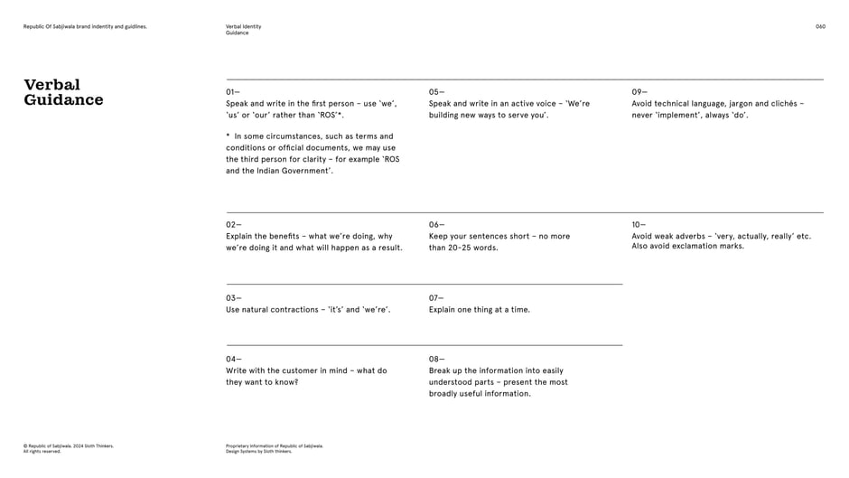 Ten concise writing rules for the brand: use first person