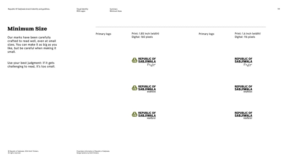 Presents concrete size examples for multilingual lockups in print