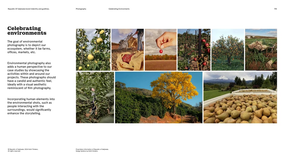 Environmental shots should depict farms, markets, offices, and project sites