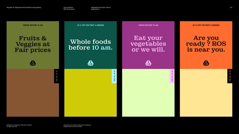 Four poster framings that combine headline copy, the ROS hexagon