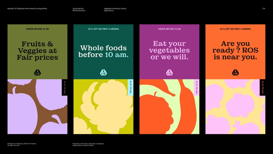 Variants of the poster system demonstrating how cropped vegetable motifs