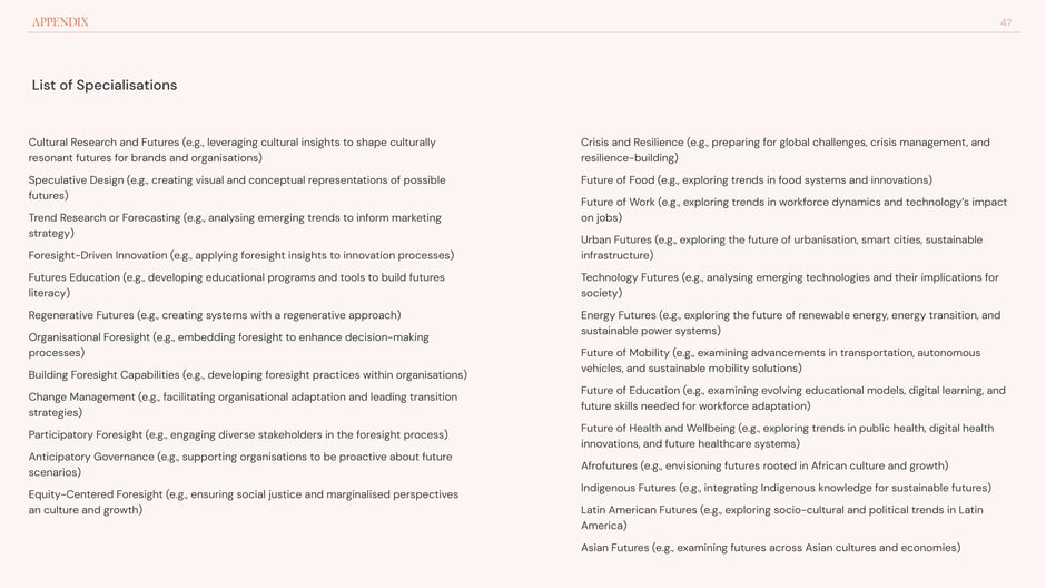 A curated list of foresight specialisations:examples include Cultural Research, Speculative