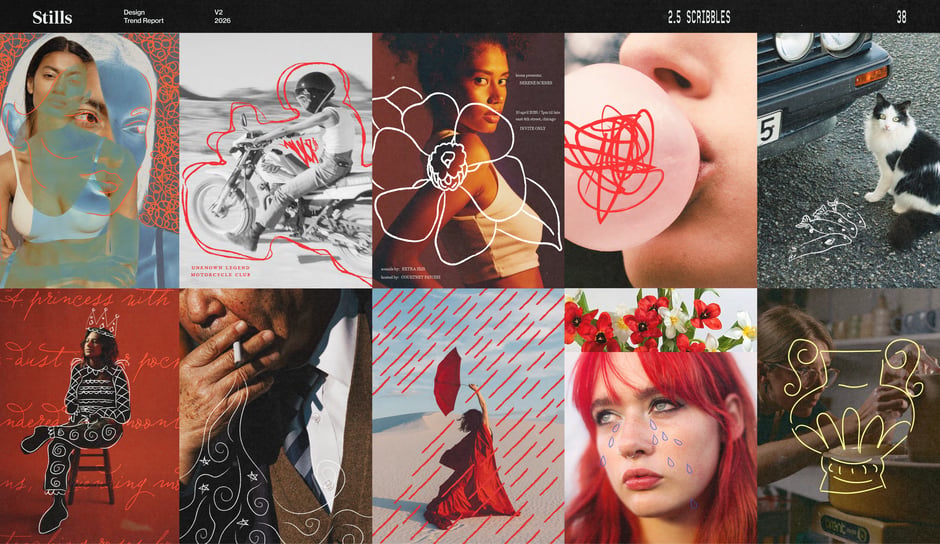 A collage of examples where hand-drawn lines, scribbles, and doodles