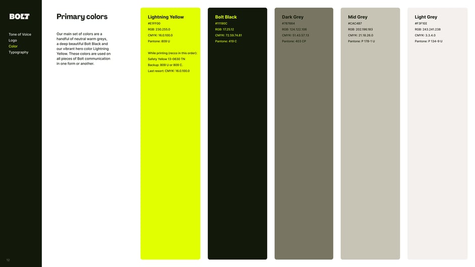 Five primary colors: Lightning Yellow, Bolt Black, and three greys