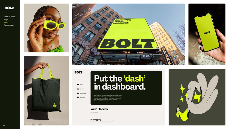 Lightning Yellow and Bolt Black applied across brand touchpoints