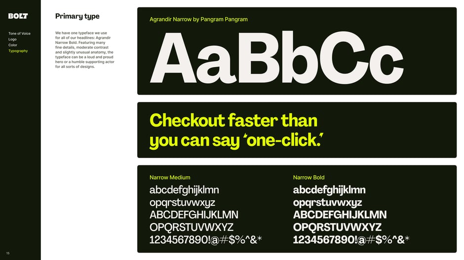 Agrandir Narrow Bold by Pangram Pangram as primary headline typeface