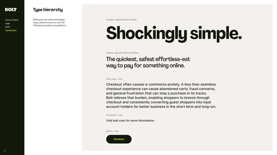 Type hierarchy from headline through body copy to button