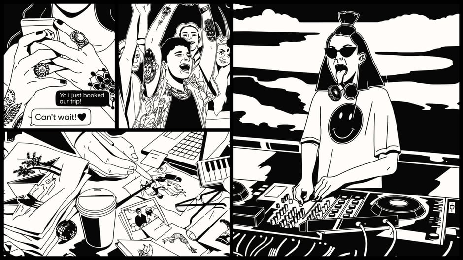 Illustrated scenes of experiences and events
