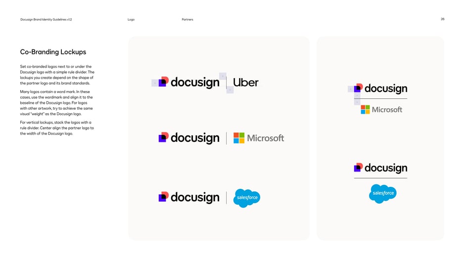 Co-branded logos should sit next to or beneath the DocuSign