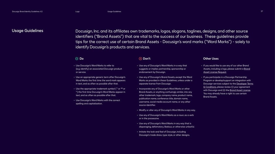 Explains trademark and word mark rules: use DocuSign word marks