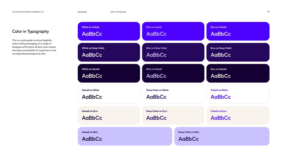 Lists approved text/ color combinations that pass accessibility for large