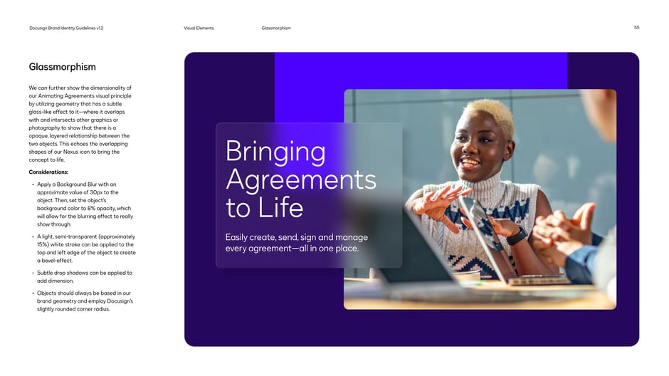 Convey layered, opaque relationships with a glass-like effect: apply ~30px