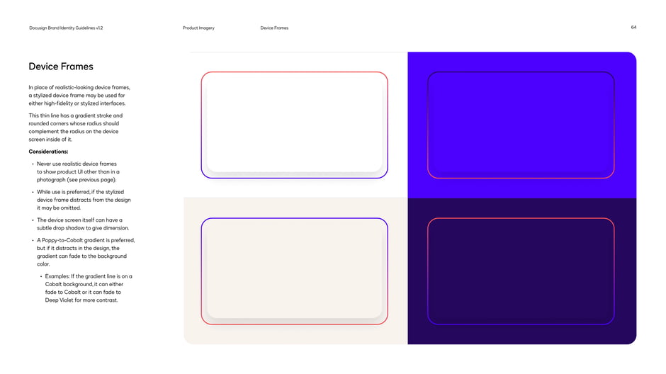 Prefer stylized device frames:thin gradient stroke with rounded corners