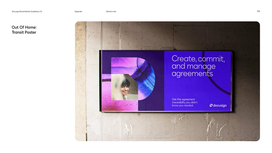 Transit broadside combines the headline 'Create, commit, and manage agreements'