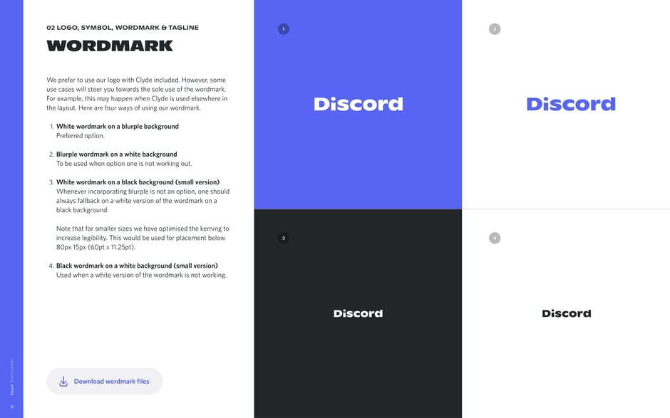 Lists four approved wordmark treatments:white on blurple, blurple on white