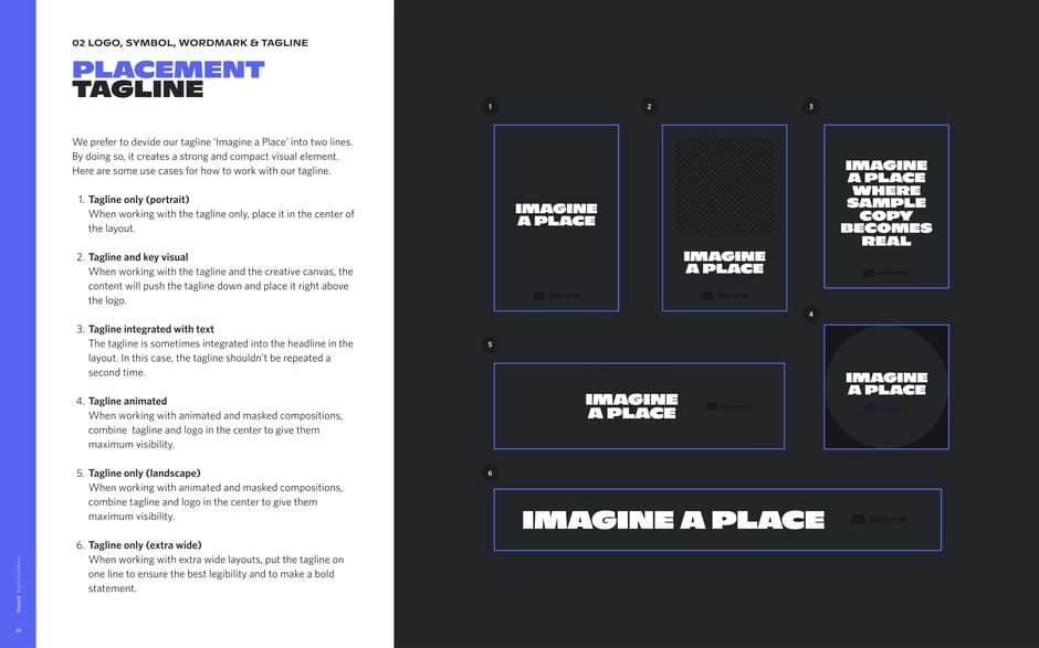 Provides placement rules for the 'Imagine a Place' tagline:centered portrait