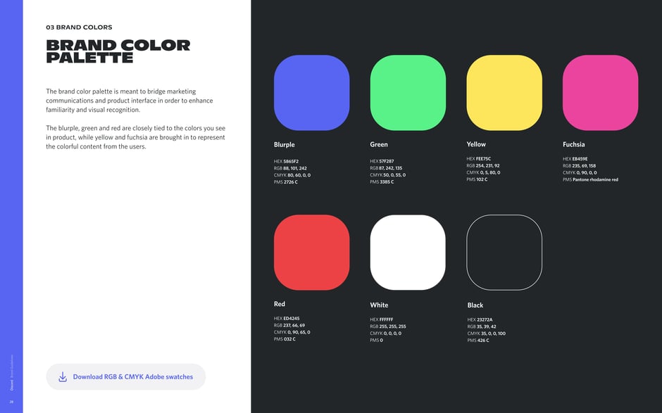 Presents the full palette:Blurple, Green, Yellow, Fuchsia, Red, White