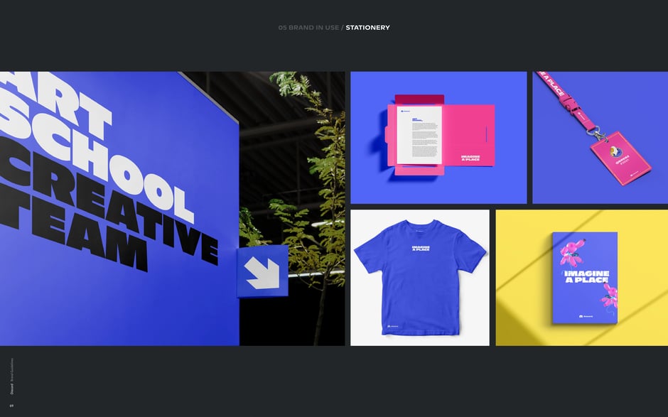 Stationery and merchandise mockups: signage, folders, apparel