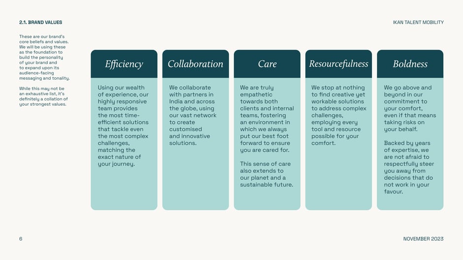Brand values: Efficiency, Collaboration, Care, Resourcefulness, Boldness