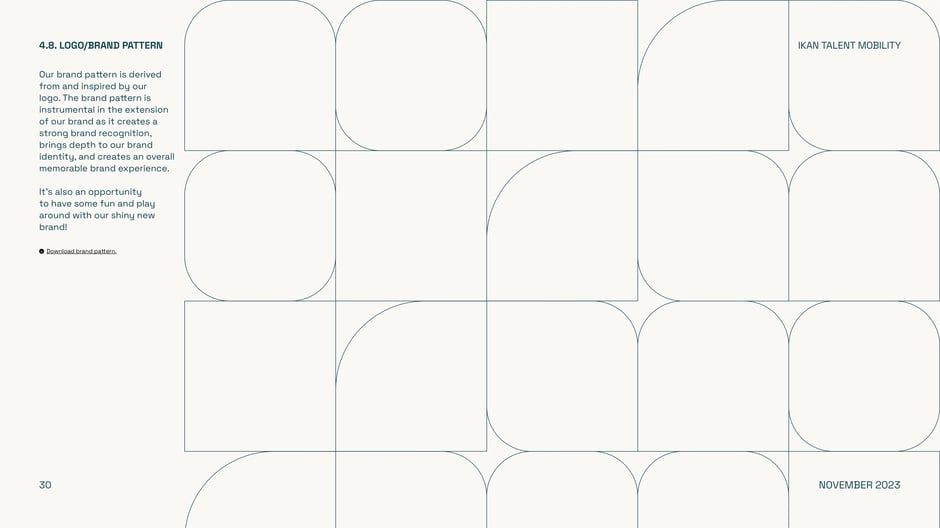 Introduces a repeating brand pattern derived from the logomark, explains