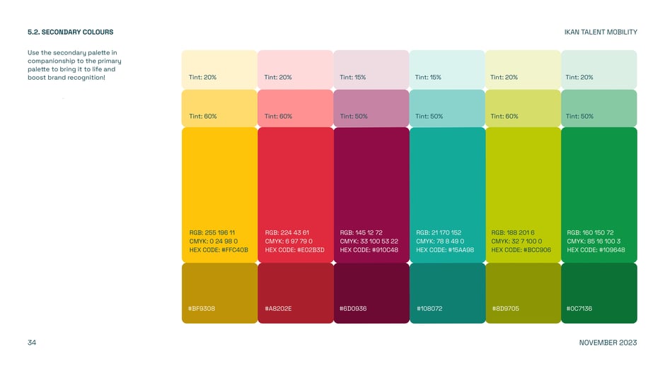 Secondary colours with tints and HEX codes