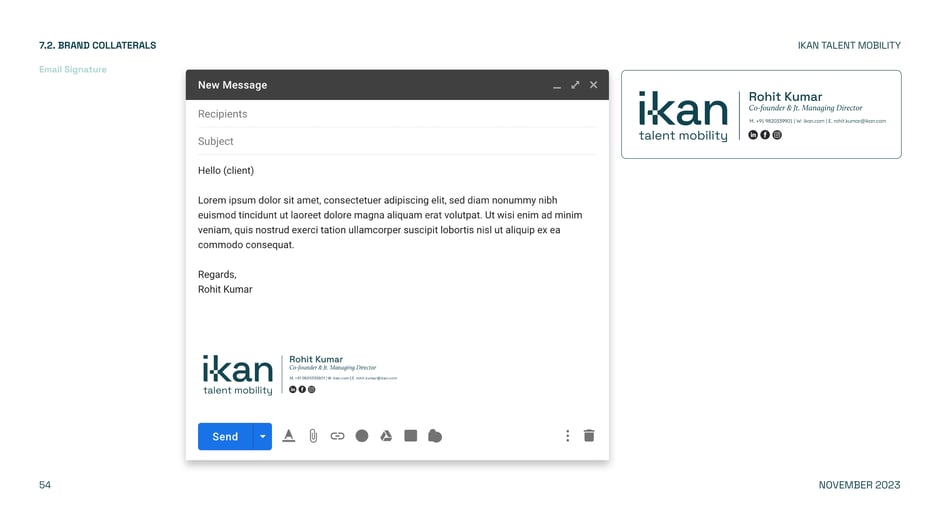 Standardized email signature and placement guidelines combining logo, name, title