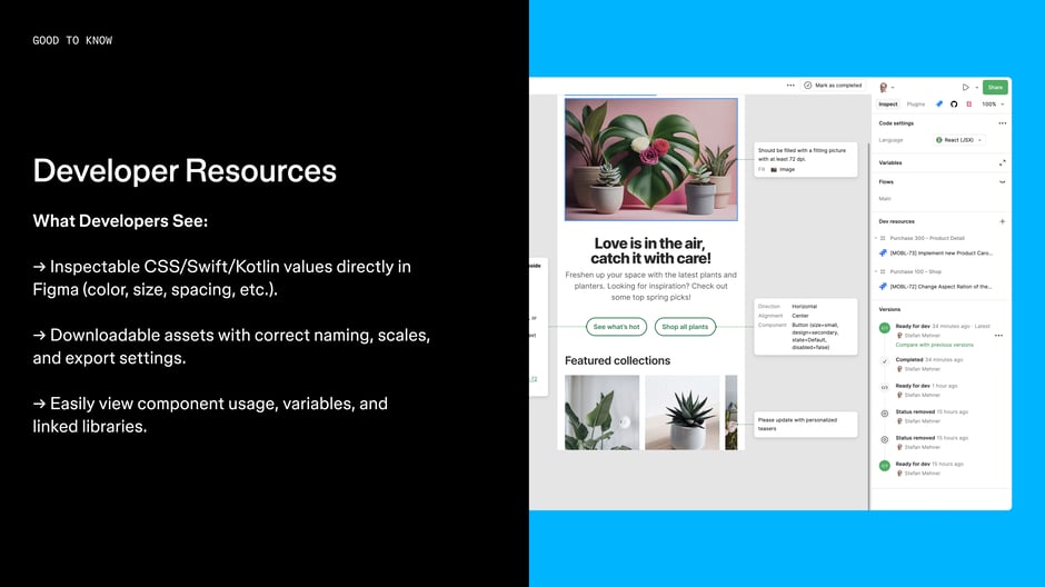 Details what developers can extract from Figma:inspectable CSS/Swift/Kotlin values, downloadable