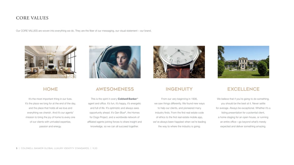 Defines four brand values: Home, Awesomeness, Ingenuity, and Excellence, with short rationales
