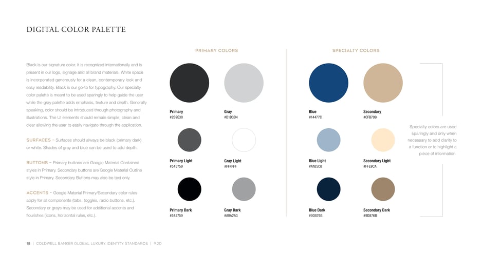 Maps primary UI colors and specialty blues/tans for digital applications