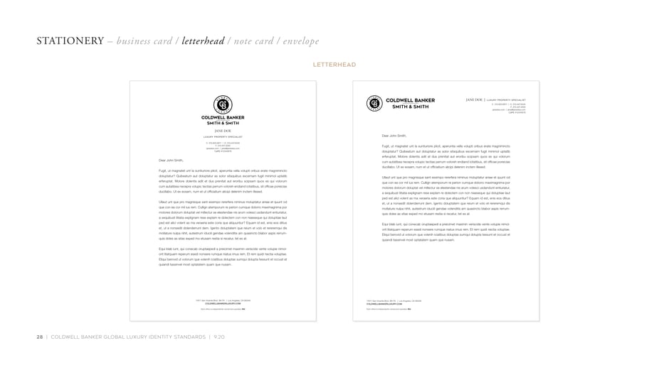 Two letterhead layouts: a centered lockup stationery page