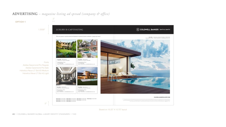 Magazine listing spread: left grid, right hero image