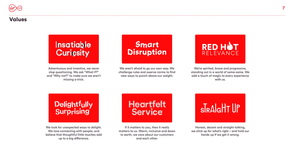 Lists the six core values: Insatiable Curiosity, Smart Disruption