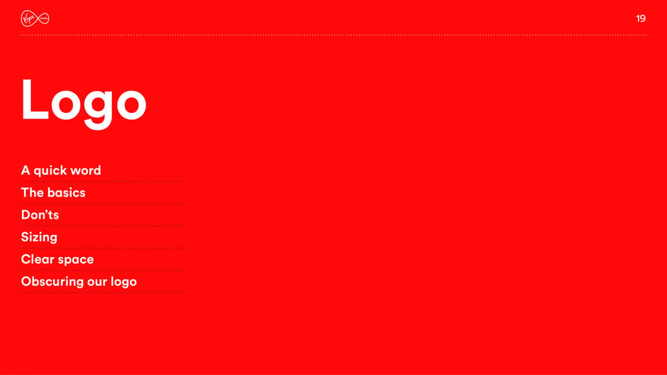 Section cover listing logo topics to follow: basics, don'ts, sizing