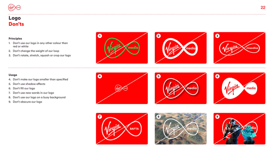 Prohibits changing logo colour or loop weight, rotating, stretching, cropping