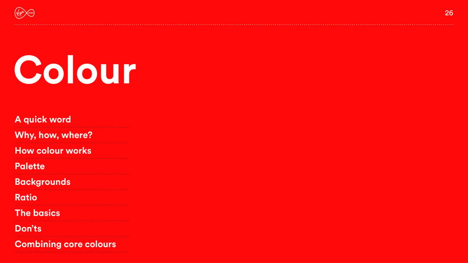 Section index for colour guidance, listing topics including rationale