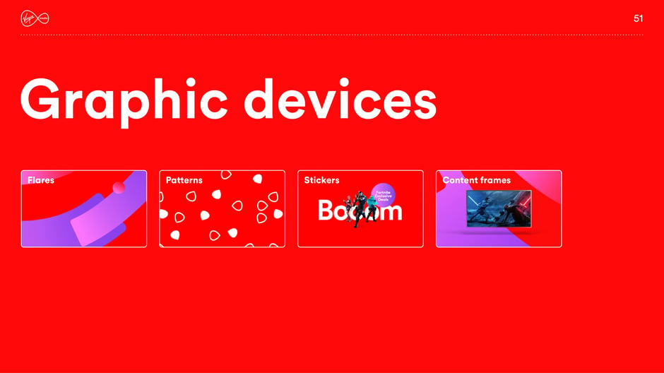 Virgin Media's graphic devices: flares, patterns, stickers and content