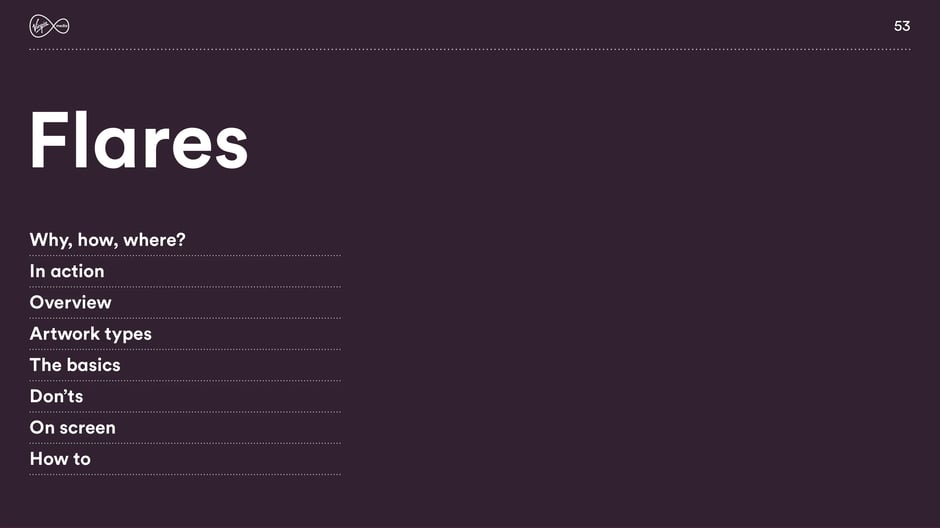 Section contents for Flares listing topics like Why/how/where, In action