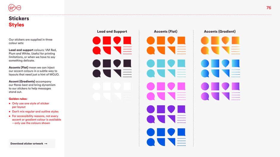 Defines three approved colour sets for stickers: Lead &