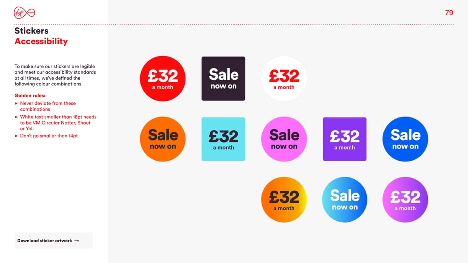 Specifies approved colour combinations and legibility rules for stickers, mandates